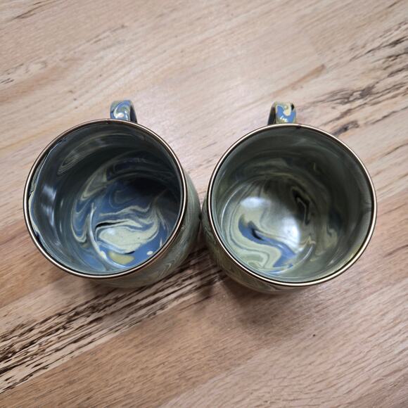 Mackenzie Childs Enamelware Blue Green Gold Dipped Paint Swirl Metal Mug - Picture 5 of 10